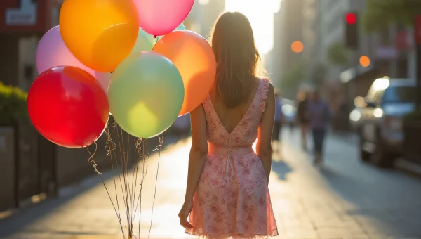 Woman in Spring Dress with Colorful Balloons