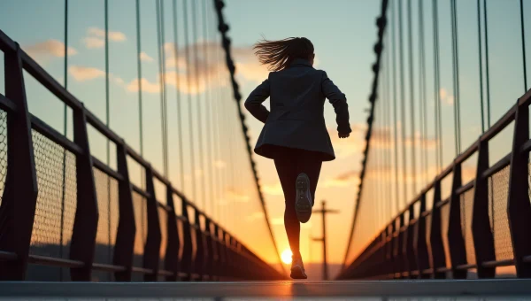Woman Sprinting Across Iron Suspension Bridge