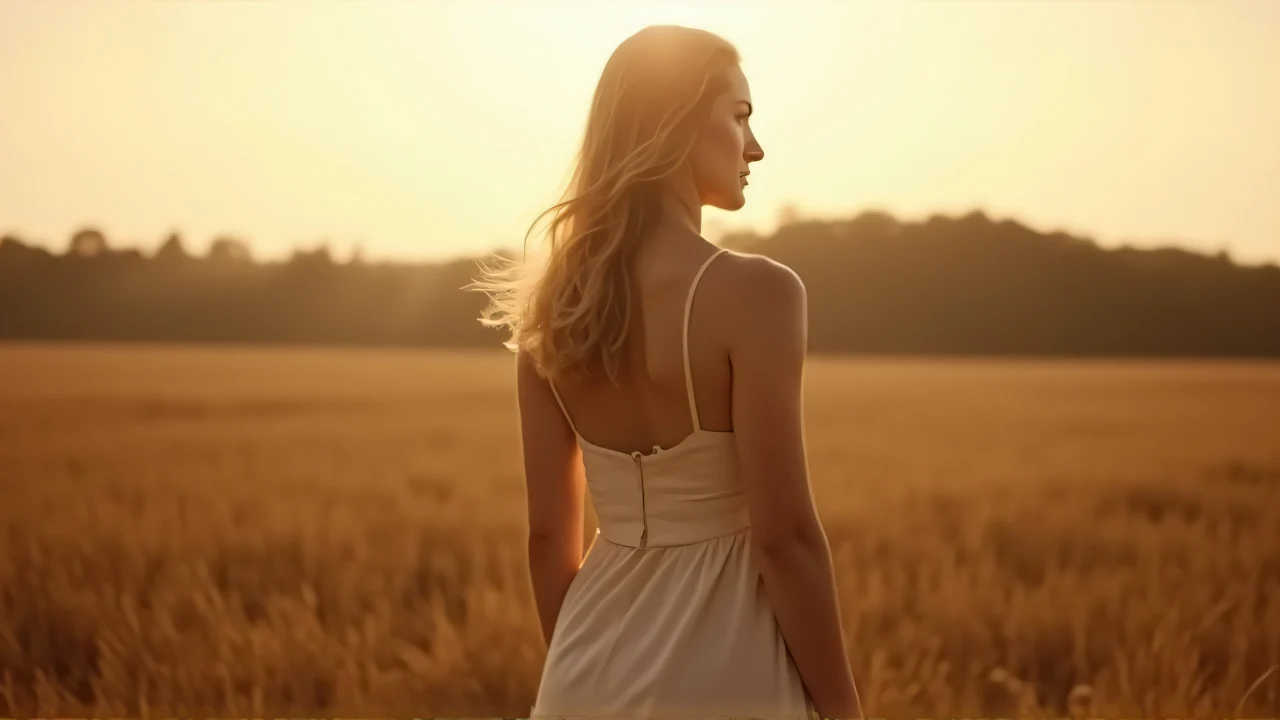 A woman in a simple dress stands alone in a vast brown field during sunset, her hair gently blown by the wind.