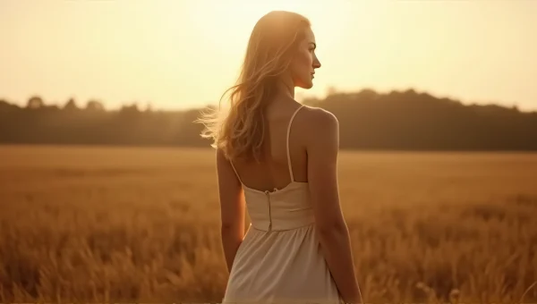Woman Standing Alone In Brown Field At Sunset
