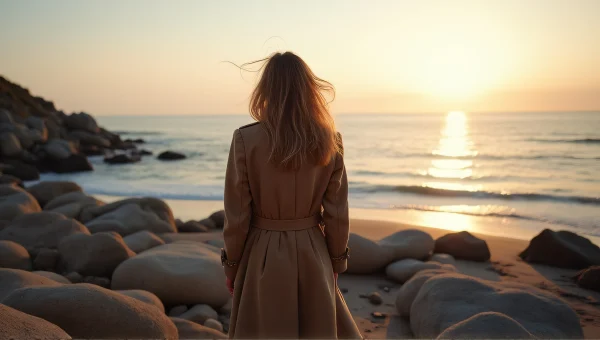 Woman Standing at Rocky Shoreline with Windswept Hair