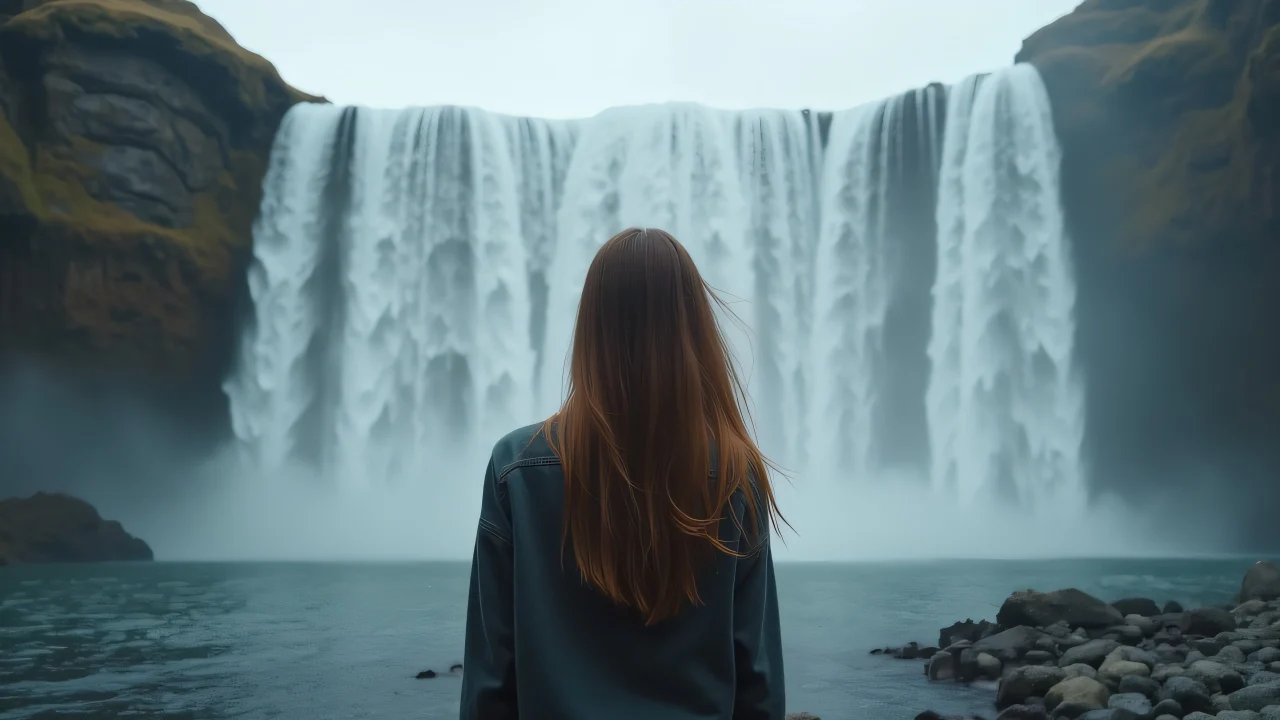 A woman stands in awe before multiple cascading waterfalls with misty rocks below.
