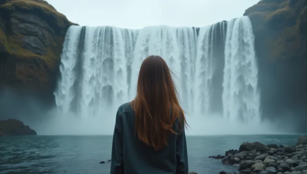 Woman Standing Before Cascading Waterfalls Landscape