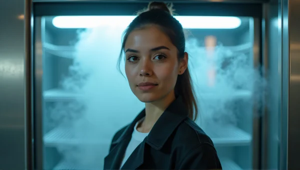 Woman Standing Before Industrial Cooler Vapor