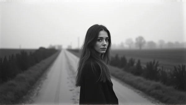 Woman Standing Beside Country Road Grayscale