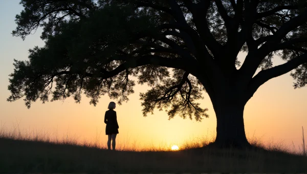 Woman Standing Beside Large Oak Tree at Dusk
