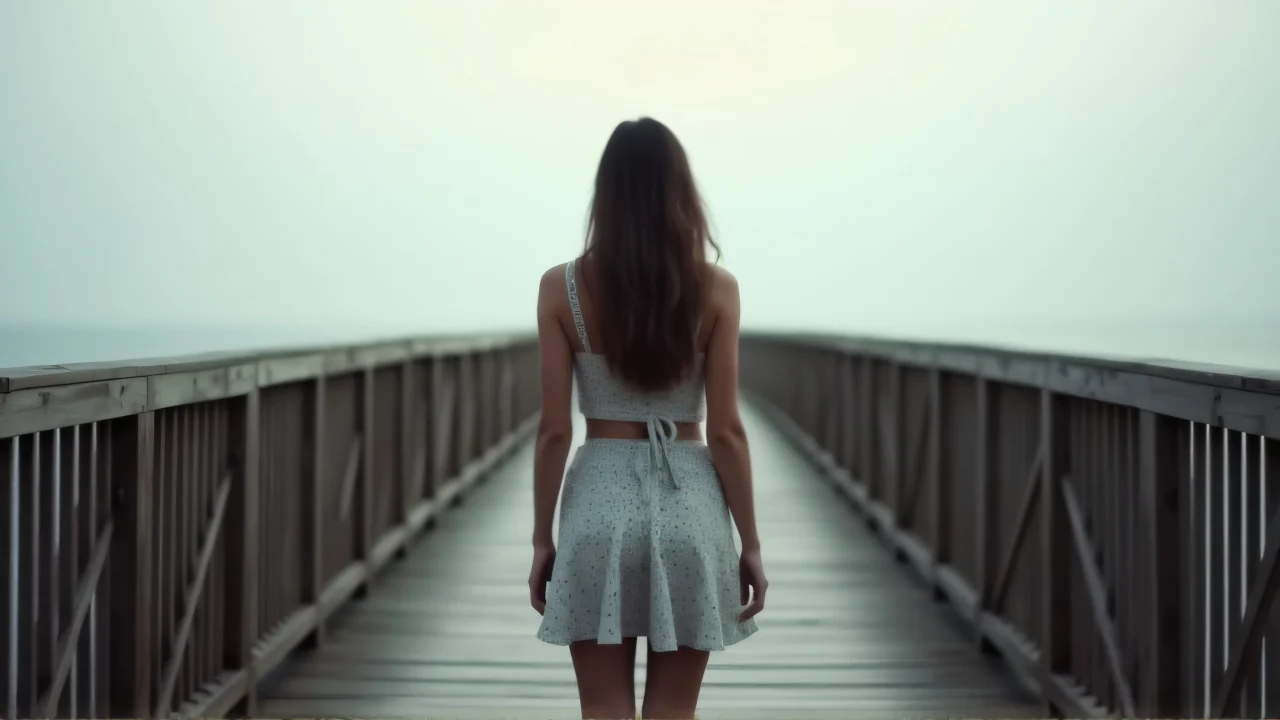 Silhouette of a woman on a wooden bridge in soft light.