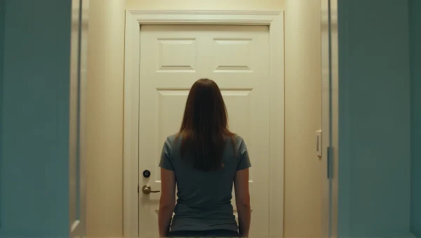 Woman Standing by Closed White Door in Hallway