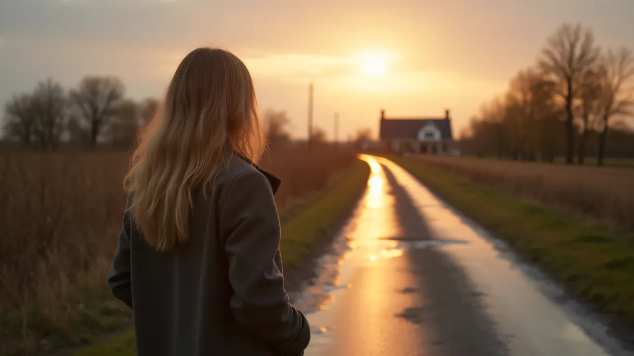 A woman in a coat stands beside a rural road during golden hour, framed by trees and reflected puddles.