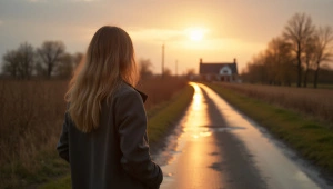 Woman Standing by Country Road at Golden Hour