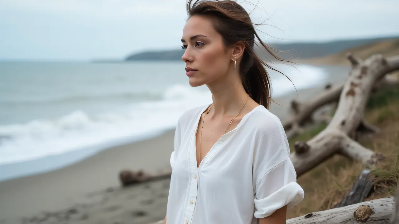 A woman in a white top stands next to weathered driftwood on a breezy beach.