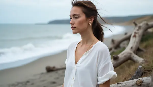 Woman Standing By Driftwood On Windswept Shoreline