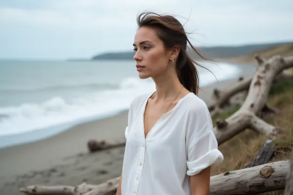 Woman Standing By Driftwood On Windswept Shoreline