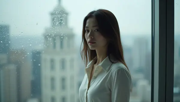Woman Standing By Rainy Window In Urban Setting