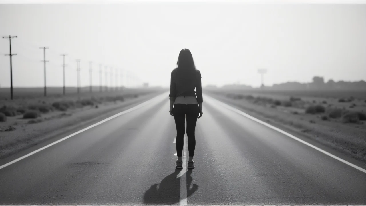 A woman stands alone on a deserted road in grayscale.