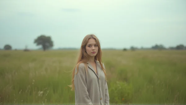 Woman Standing In Grassy Field Under Soft Sky