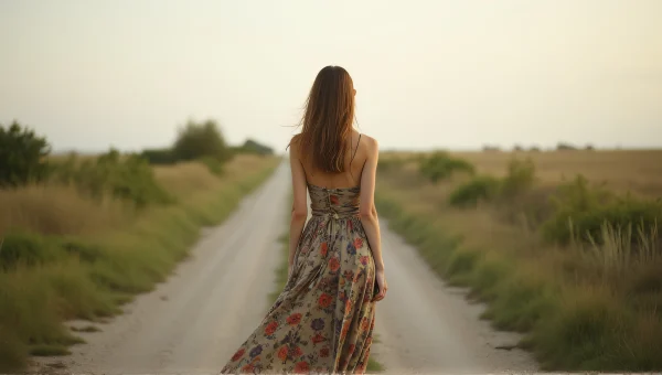 Woman Standing on Grassy Road in Floral Skirt
