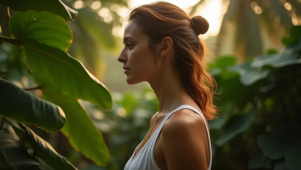 Woman Standing Near Tropical Leaves In Soft Light