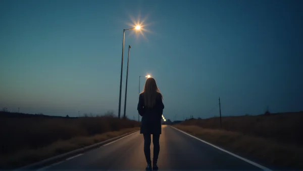 Woman Stands by Tall Black Streetlamp at Dusk