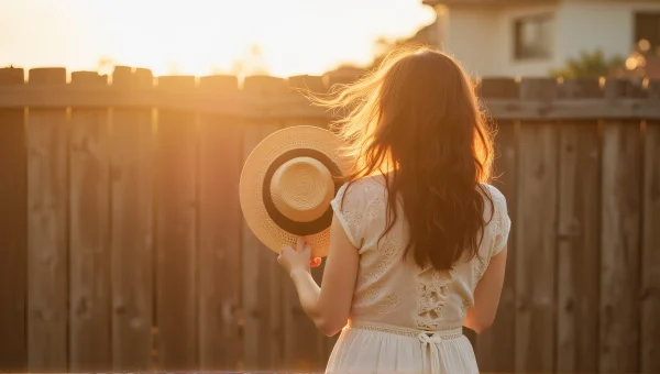 Woman with Straw Hat by Wooden Fence