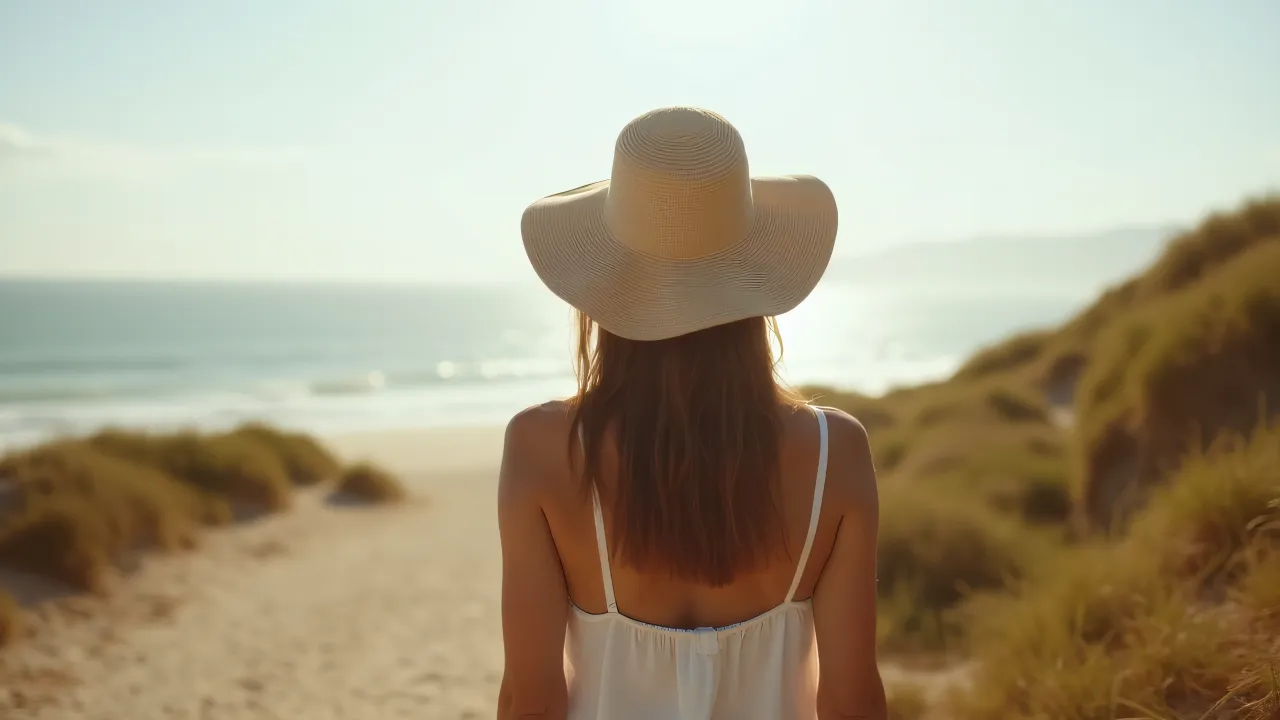 A woman with a wide-brim sun hat stands on a windswept coastal path, illuminated by soft backlight.