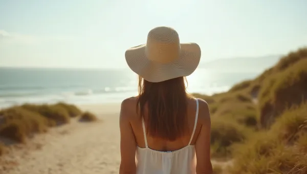Woman in Sun Hat on Coastal Pathway