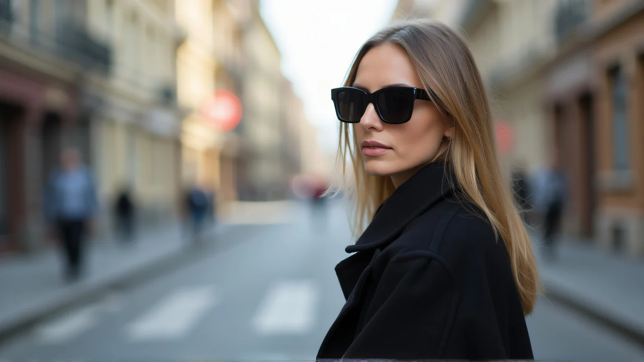 A woman stands confidently in sunglasses with hands in coat pockets against an urban street backdrop.
