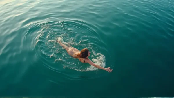 Woman Swimming in Calm Sea at Sunrise