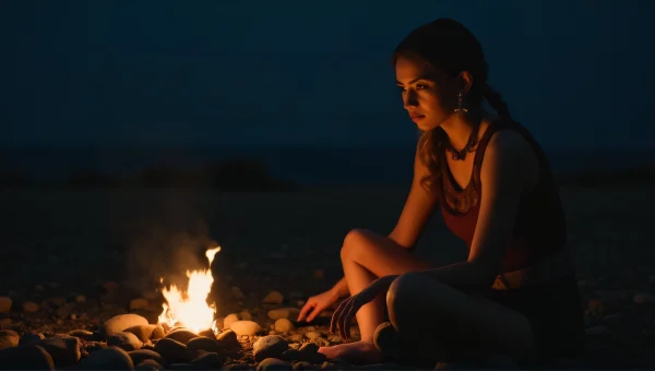 Woman with Torch Light on Rocky Ground at Night