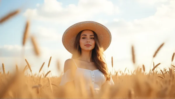 Woman Tossing Straw Hat In Wheat Field