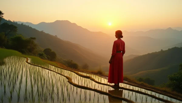 Woman In Traditional Clothing On Rice Terraces Sunrise