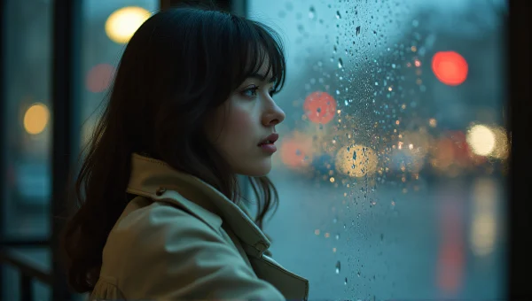 Woman in Trench Coat by Rainy Window at Night