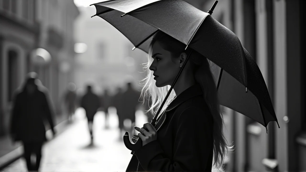 A woman holds an umbrella on a cobblestone street in greyscale image.