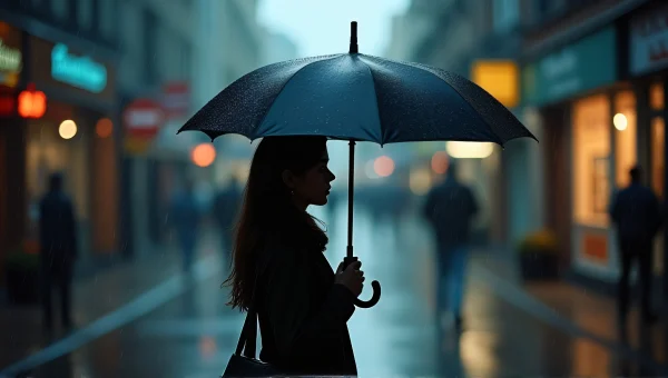 Woman With Umbrella Walking City Street At Dusk