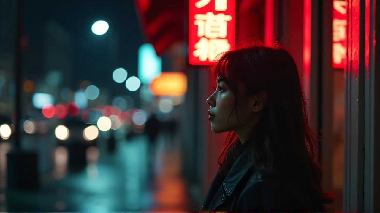 A woman stands under neon signage on a rainy city sidewalk at night.