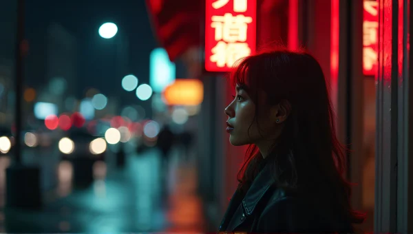 Woman Under Neon Signage Rainy City Night