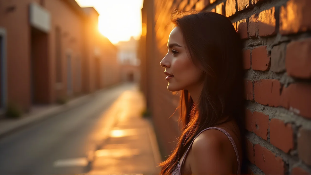 Woman standing in urban alley near weathered brick wall during golden hour.