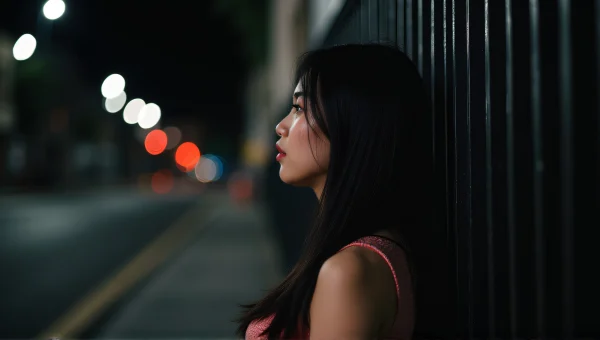 Woman Urban Nighttime Street Profile Fence