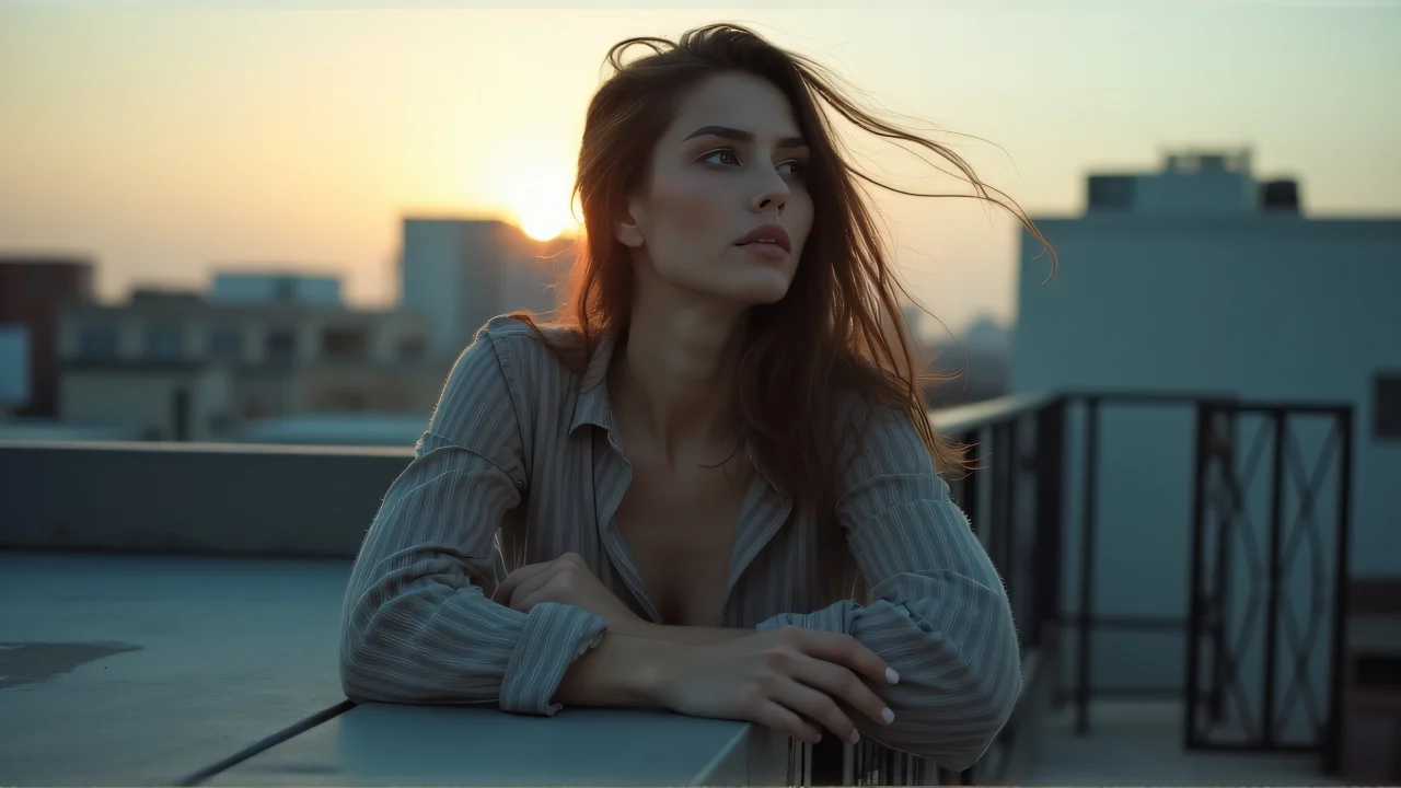 A woman leans on a metal rail on an urban rooftop at dusk with soft backlighting.