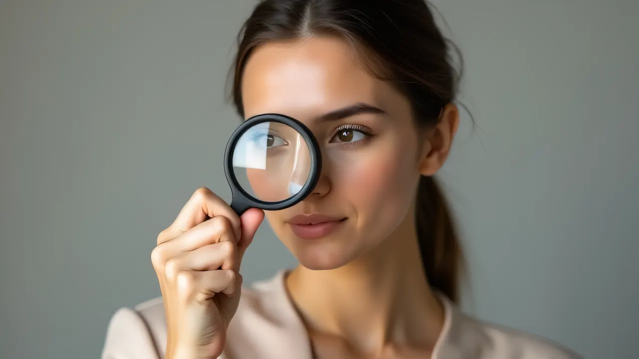A woman examines an object with a black magnifying glass in a studio setting.