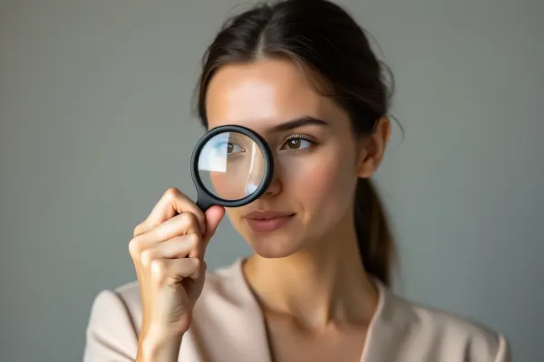 Woman Using Black Magnifying Glass In Studio