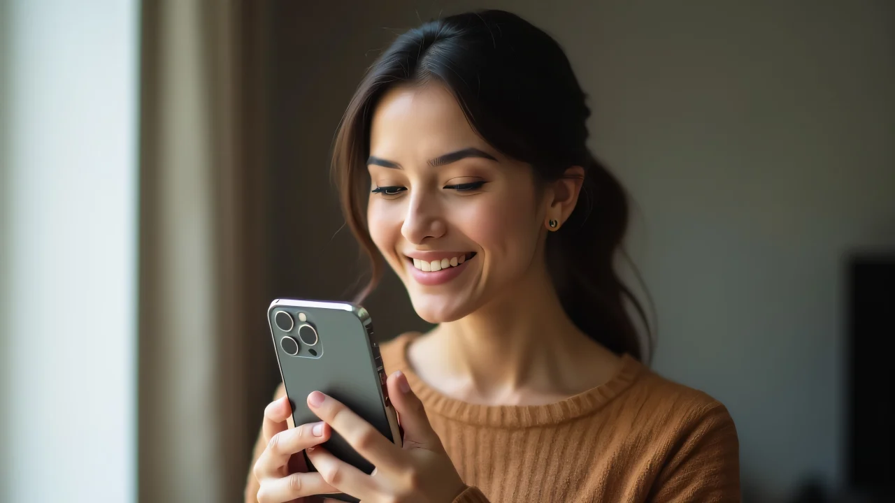 A woman holding an iPhone, captured in natural light with a candid expression.