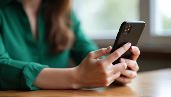 Woman Using Smartphone at Wooden Table