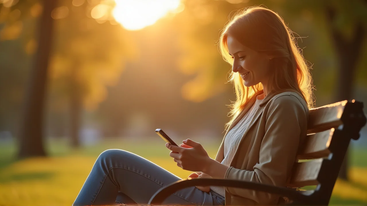 A woman sits on a wooden bench using her smartphone during golden hour.