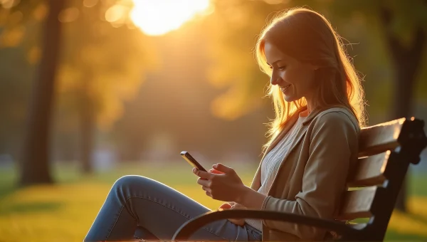 Woman Using Smartphone on Park Bench at Sunset