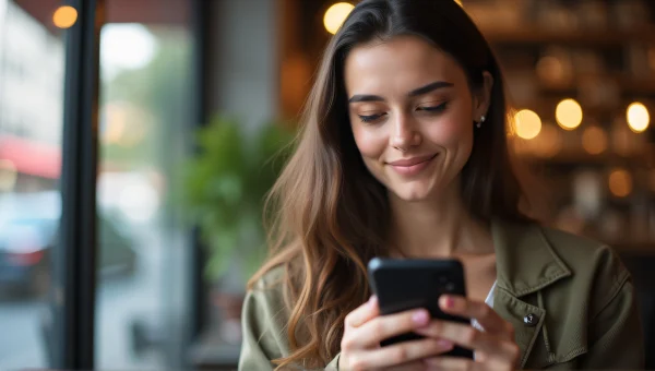 Woman Using Smartphone in Urban Café Setting