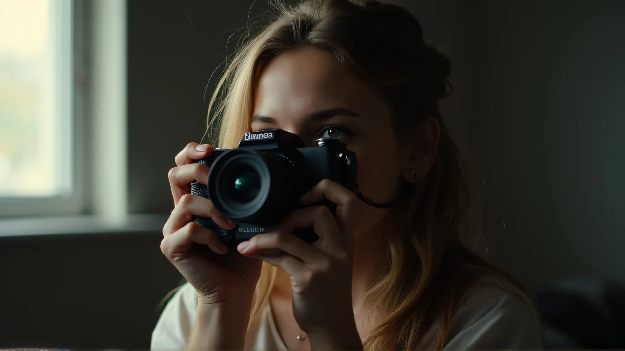 A woman operates a vintage film camera in soft window light.