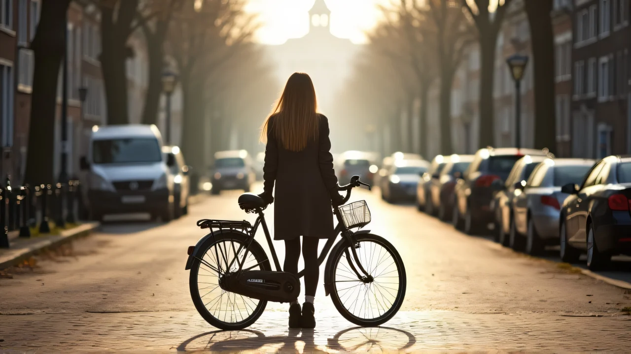 A woman stands beside a vintage bicycle on a cobblestone street in soft morning light.