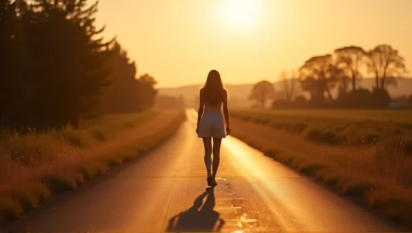 Woman Walking Alone On Rural Road At Golden Hour