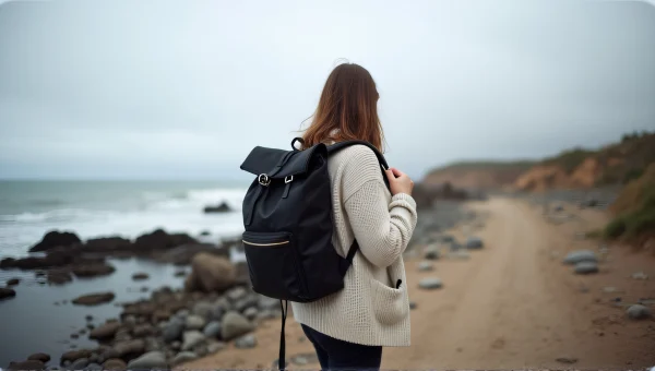 Woman Walking on Beach Path with Backpack